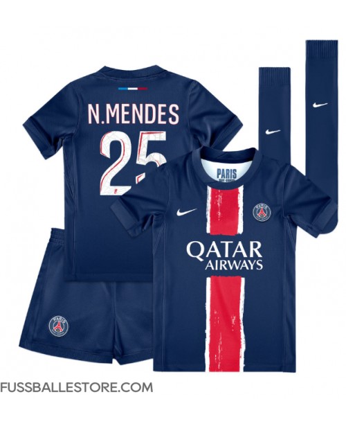 Günstige Paris Saint-Germain Nuno Mendes #25 Heimtrikotsatz Kinder 2024-25 Kurzarm (+ Kurze Hosen)